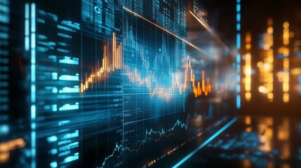 Stock market data showing growing trends on digital screen in perspective