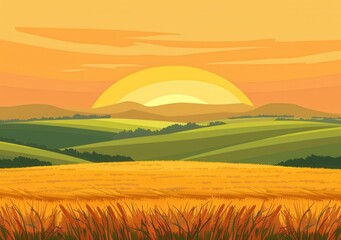 Sunset Over Wheat Field with Green Hills in Cartoon Style