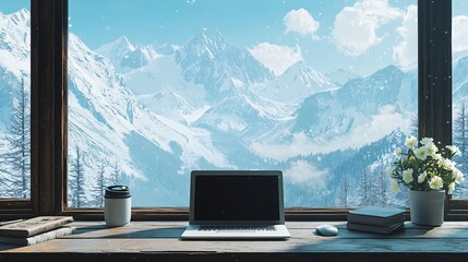 A serene laptop setup on a rustic table in a cozy mountain cabin, offering a breathtaking view of the snowy peaks through a large window.