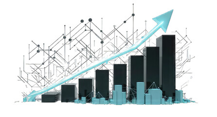 A striking digital illustration displaying a bar graph with an upward trend line, The white background contrasts with deep blue watercolor splashes creating a dynamic visual effect.