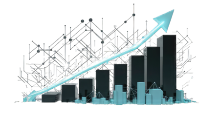 A striking digital illustration displaying a bar graph with an upward trend line, The white background contrasts with deep blue watercolor splashes creating a dynamic visual effect.