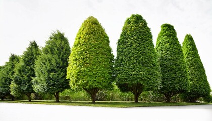 a row of vibrant green trees and shrubs in a natural outdoor setting with a white background for versatile use