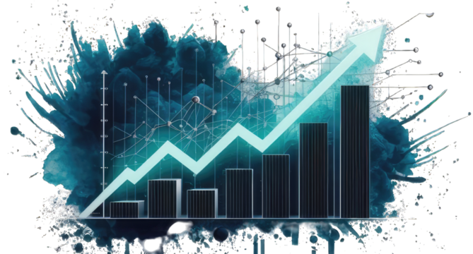 A striking digital illustration displaying a bar graph with an upward trend line, The white background contrasts with deep blue watercolor splashes creating a dynamic visual effect.
