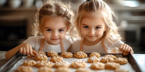 Two children smiling while presenting freshly baked cookies on a tray.