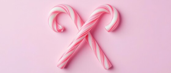 Two pastel candy canes crossed in an  X  shape, each with soft, swirling stripes, set against a clean light pink background, Minimal, Charming Art