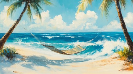 Serene Beach Scene with Hammock and Palm Trees