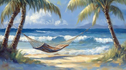 Naklejka premium Relaxing Hammock on Tropical Beach with Palm Trees