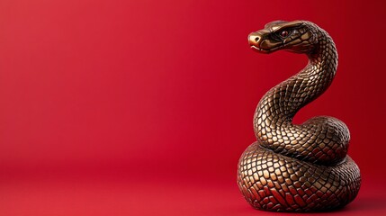 Fototapeta premium Bronze snake figurine on a red background. Happy Chinese New Year.