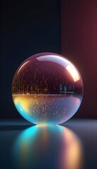 holographic ball in building on black background. 3D rendering of glossy white  ball in holographic