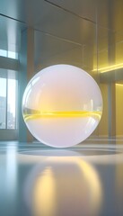 holographic ball in building on black background. 3D rendering of glossy white  ball in holographic
