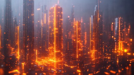 Fototapeta premium Futuristic city skyline with glowing lights.