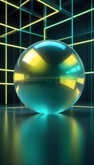 holographic ball in building on black background. 3D rendering of glossy white  ball in holographic