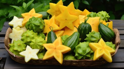 Exotic Vegetables and Star Fruit Month Basket of star and gourd-shaped vegetables in a garden setting