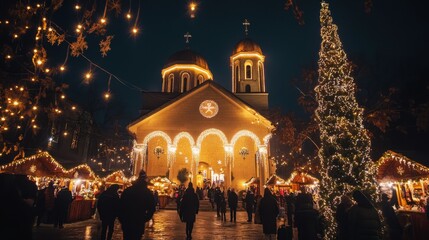 Obraz premium Festive christmas market with illuminated church and holiday lights