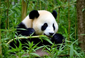 Naklejka premium giant panda eating bamboo