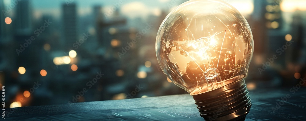 Poster light bulb illuminating world map symbolizing global innovation and ideas