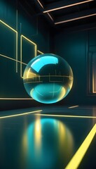 holographic ball in building on black background. 3D rendering of glossy white  ball in holographic