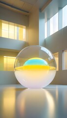 holographic ball in building on black background. 3D rendering of glossy white  ball in holographic