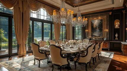 Fototapeta premium A large dining room with a large table, chairs, and a chandelier. The room has large windows with curtains and a painting on the wall.