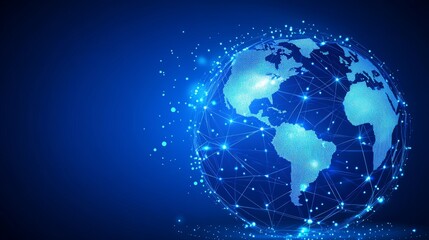 Fototapeta premium Blockchain technology future hud background with world globe and blockchain polygon peer-to-peer network. Cryptocurrency blockchain banner design.