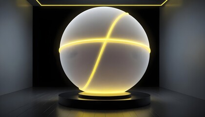 holographic ball in building on black background. 3D rendering of glossy white  ball in holographic