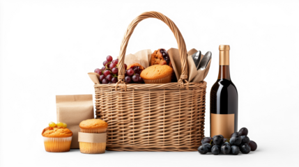 Wicker Basket with Wine and Muffins on Transparent Background