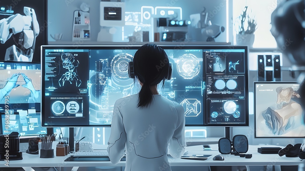 Fototapete explore the future of technology as a professional analyzes advanced data visualizations in a high-t