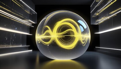 holographic ball in building on black background. 3D rendering of glossy white  ball in holographic