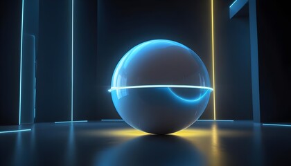 holographic ball in building on black background. 3D rendering of glossy white  ball in holographic