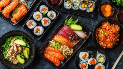 Diverse sushi platter with nigiri, rolls, and sashimi for a japanese cuisine experience