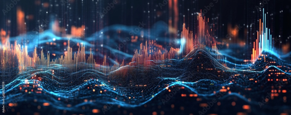 Aufkleber abstract technology background showing glowing lines rising from digital landscape
