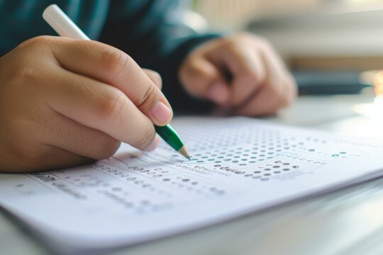 Close up image of a student's hand filling out an answer sheet with a pencil during an exam