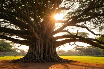 Majestic Old Banyan Tree Illuminated by Golden Sunset in a Peaceful Garden