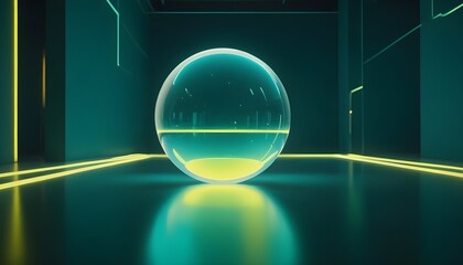 holographic ball in building on black background. 3D rendering of glossy white  ball in holographic
