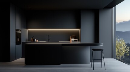 A black kitchen with a countertop and a chair
