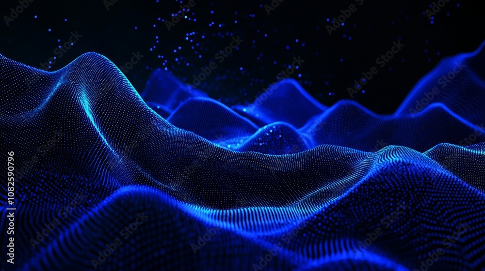 Poster an illustration of data technology on a dark background with dots and lines connecting to form waves
