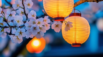 Obraz premium Cherry Blossom Lanterns in Evening Light