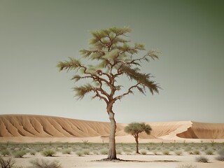 Minimalist Desert Scene Featuring Tree Amidst Endless Sands and Sky