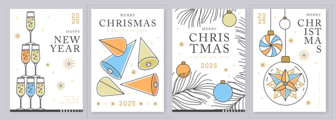 Set of modern line art Merry Christmas and Happy New Year greeting cards, covers or posters with holiday decoration. Christmas background. Vector illustration