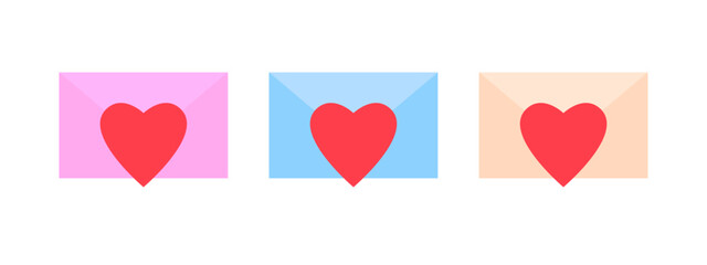 Set of three closed love letters, isolated flat illustration in transparent background