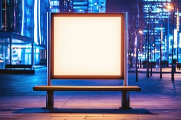 A blank advertising billboard in a vibrant urban setting, illuminated by blue lights at night, inviting creative designs.