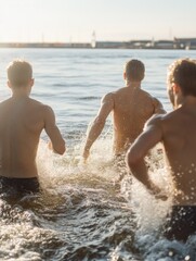 Group of Men Jumping into Lake
