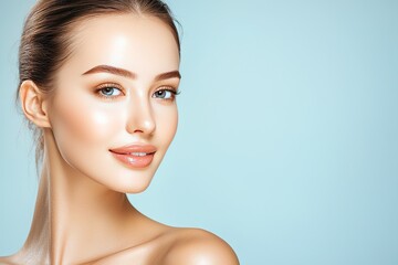 Fototapeta premium Beautiful woman with natural makeup against a light blue background