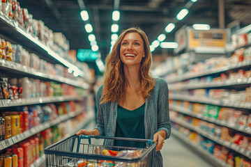Young woman shopping in a supermarket pushing a shopping cart