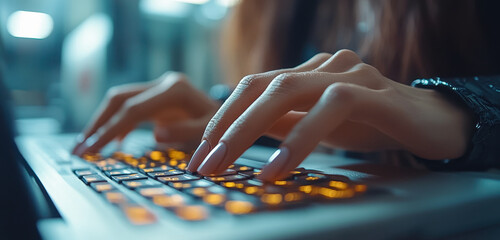 Fototapeta premium Business Woman Typing on Keyboard in Office, Online Work Concept, Remote Work Environment