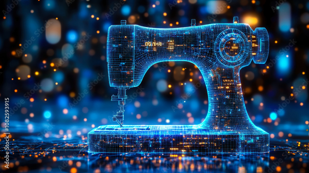 Poster digital sewing machine with ai integration and data stream in low poly wireframe