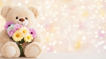 Fototapeta premium Teddy bear holding a bouquet of pastel gerberas with a bokeh background, creating a sweet and joyful atmosphere for Mother's Day.