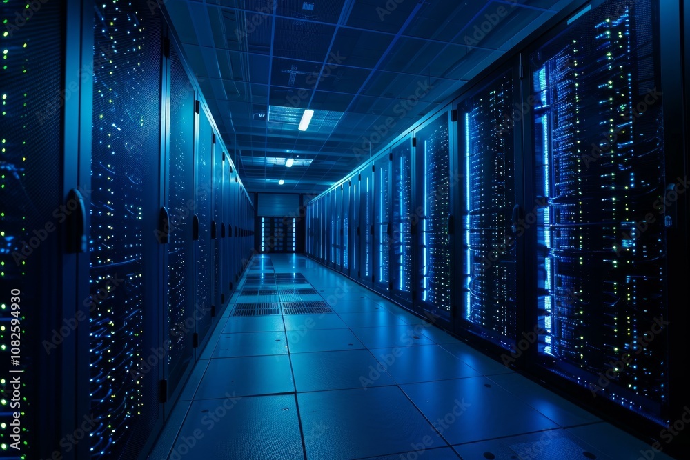 Poster server room data center with multiple rows of storage cabinets working and generating heat