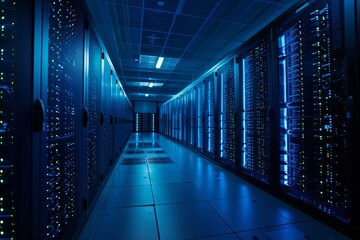 Server room data center with multiple rows of storage cabinets working and generating heat