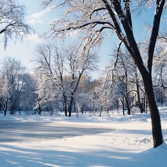 Obraz premium Beautiful natural landscape of a snowy city park with snow-covered trees and frozen pond on bright winter day